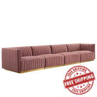 Modway EEI-5845-GLD-DUS Conjure Channel Tufted Performance Velvet 4-Piece Sofa Gold Dusty Rose