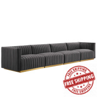 Modway EEI-5845-GLD-GRY Conjure Channel Tufted Performance Velvet 4-Piece Sofa Gold Gray