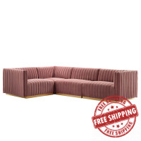 Modway EEI-5847-GLD-DUS Conjure Channel Tufted Performance Velvet 4-Piece Sectional Gold Dusty Rose