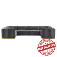 Modway EEI-5851-GLD-GRY Conjure Channel Tufted Performance Velvet 6-Piece U-Shaped Sectional Gold Gray