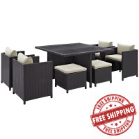 Modway EEI-726-EXP-BEI Inverse 9 Piece Outdoor Patio Dining Set in Espresso Beige