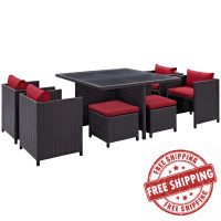 Modway EEI-726-EXP-RED Inverse 9 Piece Outdoor Patio Dining Set in Espresso Red