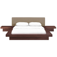 Modway MOD-5492-WAL-LAT-SET Freja 3 Piece Queen Fabric Bedroom Set in Walnut Latte