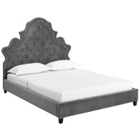 Modway MOD-5808-GRY Valentina Queen Tufted Nailhead Performance Velvet Platform Bed