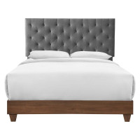 Modway MOD-6146-WAL-GRY Walnut Gray Rhiannon Diamond Tufted Upholstered Fabric Queen Bed