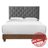 Modway MOD-6146-WAL-GRY Walnut Gray Rhiannon Diamond Tufted Upholstered Fabric Queen Bed