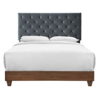 Modway MOD-6147-WAL-CHA Walnut Charcoal Rhiannon Diamond Tufted Upholstered Performance Velvet Queen Bed