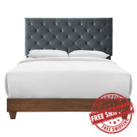 Modway MOD-6147-WAL-CHA Walnut Charcoal Rhiannon Diamond Tufted Upholstered Performance Velvet Queen Bed