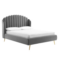 Modway MOD-6282-GRY Gray Lana Queen Performance Velvet Wingback Platform Bed