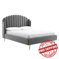 Modway MOD-6282-GRY Gray Lana Queen Performance Velvet Wingback Platform Bed