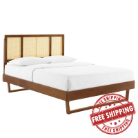 Modway MOD-6372-WAL Walnut Kelsea Cane and Wood Queen Platform Bed With Angular Legs