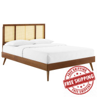 Modway MOD-6373-WAL Walnut Kelsea Cane and Wood Queen Platform Bed With Splayed Legs