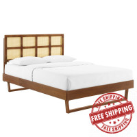 Modway MOD-6377-WAL Walnut Sidney Cane and Wood King Platform Bed With Angular Legs