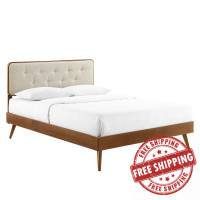 Modway MOD-6388-WAL-BEI Walnut Beige Bridgette Queen Wood Platform Bed With Splayed Legs