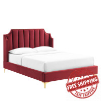 Modway MOD-6412-MAR Daniella Performance Velvet Queen Platform Bed Maroon