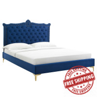 Modway MOD-6592-NAV Clara Performance Velvet Queen Platform Bed Navy