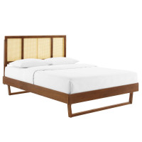 Modway MOD-6695-WAL Walnut Kelsea Cane and Wood Full Platform Bed With Angular Legs