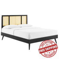 Modway MOD-6696-BLK Black Kelsea Cane and Wood Full Platform Bed With Splayed Legs