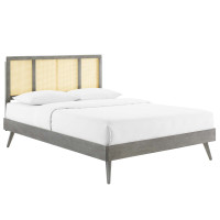 Modway MOD-6696-GRY Gray Kelsea Cane and Wood Full Platform Bed With Splayed Legs