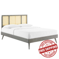 Modway MOD-6696-GRY Gray Kelsea Cane and Wood Full Platform Bed With Splayed Legs