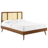 Modway MOD-6696-WAL Walnut Kelsea Cane and Wood Full Platform Bed With Splayed Legs