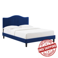 Modway MOD-6741-NAV Juniper Channel Tufted Performance Velvet Queen Platform Bed Navy