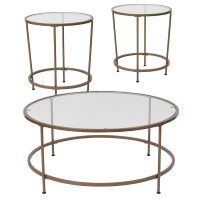 Flash Furniture NAN-CEK-1-GG Astoria Collection 3 Piece Coffee and End Table Set with Glass Tops and Matte Gold Frames 