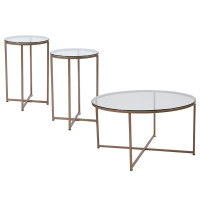 Flash Furniture NAN-CEK-10-GG Greenwich Collection 3 Piece Coffee and End Table Set with Glass Tops and Matte Gold Frames 