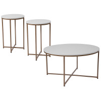 Flash Furniture NAN-CEK-12-GG Hampstead Collection 3 Piece Coffee and End Table Set in White with Matte Gold Frames 