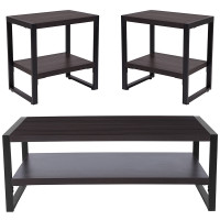 Flash Furniture NAN-CEK-20-GG Thompson Collection 3 Piece Coffee and End Table Set in Charcoal Wood Grain Finish and Black Metal Frames 