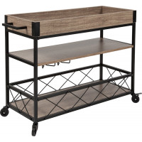 Flash Furniture NAN-JH-17105-GG Buckhead Distressed Light Oak Wood and Iron Kitchen Serving and Bar Cart with Wine Glass Holders 