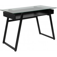 Flash Furniture NAN-JN-2410-GG Huntley Glass Computer Desk with Shelf and Black Metal Legs 