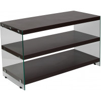 Flash Furniture NAN-JN-2626TR-G-GG Wynwood Collection Dark Ash Wood Grain Finish TV Stand with Shelves and Glass Frame 