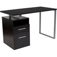 Flash Furniture NAN-JN-2634-G-GG Harwood Dark Ash Wood Grain Finish Computer Desk with Two Drawers and Silver Metal Frame 