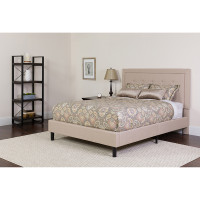 Flash Furniture SL-BM-17-GG Roxbury Twin Size Tufted Upholstered Platform Bed in Beige Fabric with Pocket Spring Mattress 