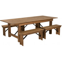 Flash Furniture XA-FARM-2-GG HERCULES Series 8' x 40'' Antique Rustic Folding Farm Table and Four Bench Set 