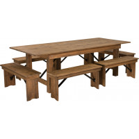 Flash Furniture XA-FARM-3-GG HERCULES Series 8' x 40'' Antique Rustic Folding Farm Table and Six Bench Set 