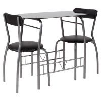 Flash Furniture XM-JM-A0278-1-2-BK-GG Sutton 3 Piece Space-Saver Bistro Set with Black Glass Top Table and Black Vinyl Padded Chairs 