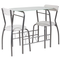 Flash Furniture XM-JM-A0278-1-2-WH-GG Sutton 3 Piece Space-Saver Bistro Set with White Glass Top Table and White Vinyl Padded Chairs 