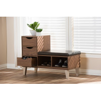Baxton Studio B-001-Walnut Arielle Walnut Brown Wood 3-Drawer Shoe Storage Padded Leatherette Seating Bench with Two Open Shelves