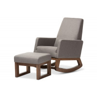 Baxton Studio BBT5199-Grey Set Yashiya Mid-century Retro Grey Fabric Rocking Chair and Ottoman Set