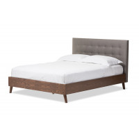 Baxton Studio BBT6557-Full-Grey Alinia Mid-century Retro Grey Fabric Walnut Wood Full Size Platform Bed