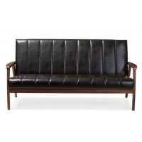 Baxton Studio BBT8011A2-Black Sofa Nikko Mid-century Black Faux Leather Wooden 3-Seater Sofa