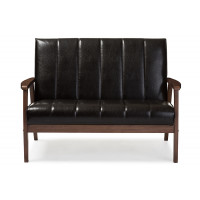 Baxton Studio BBT8011A2-Brown Loveseat Nikko Mid-century Dark Brown Faux Leather Wooden 2-Seater Loveseat
