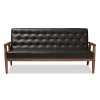 Baxton Studio BBT8013-Brown Sofa Sorrento Mid-century Retro Brown Leather Wooden 3-seater Sofa