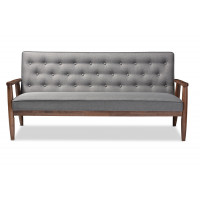 Baxton Studio BBT8013-Grey Sofa Sorrento Mid-century Retro Grey Fabric Wooden 3-seater Sofa