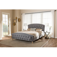 Baxton Studio CF8730-Grey-Queen Hannah Grey Velvet Fabric Upholstered and Natural Finishing Queen Size Platform Bed