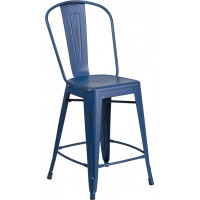 Flash Furniture ET-3534-24-AB-GG 24" High Distressed Metal Indoor-Outdoor Counter Height Stool with Back in Antique Blue