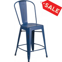 Flash Furniture ET-3534-24-AB-GG 24" High Distressed Metal Indoor-Outdoor Counter Height Stool with Back in Antique Blue