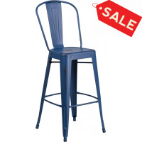 Flash Furniture ET-3534-30-AB-GG 30" High Distressed Metal Indoor-Outdoor Barstool with Back in Antique Blue